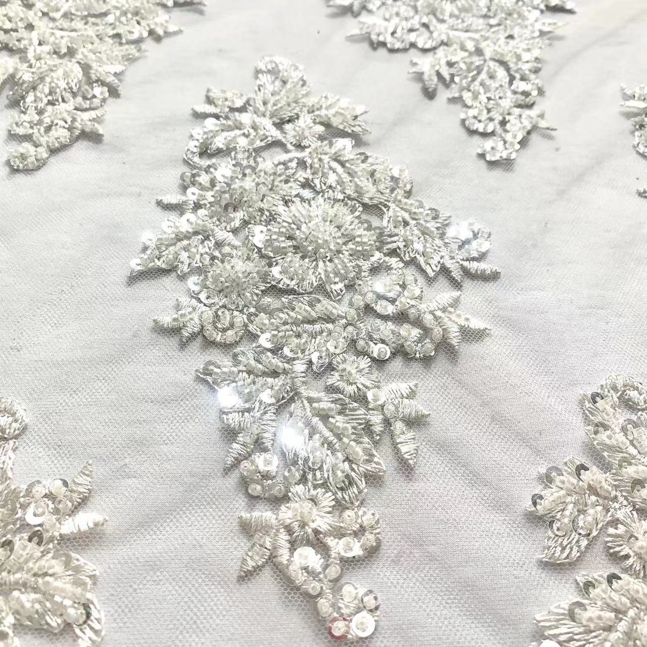2022 Hot sell white beaded lace fabric luxury beaded tulle fabric for wedding dress