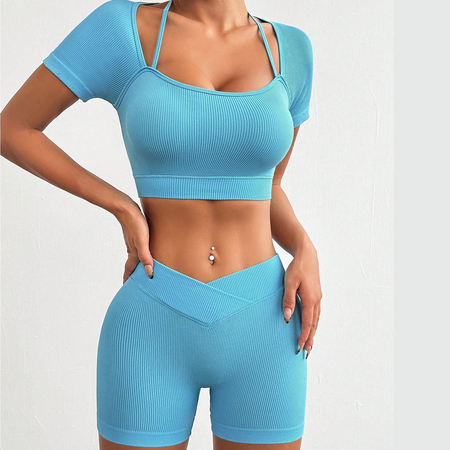Custom Knitted Gym Clothing Short Sleeve Crop Top Rib Activewear V Women Fitness Yoga Top Gym Sport Yoga work out sets for women