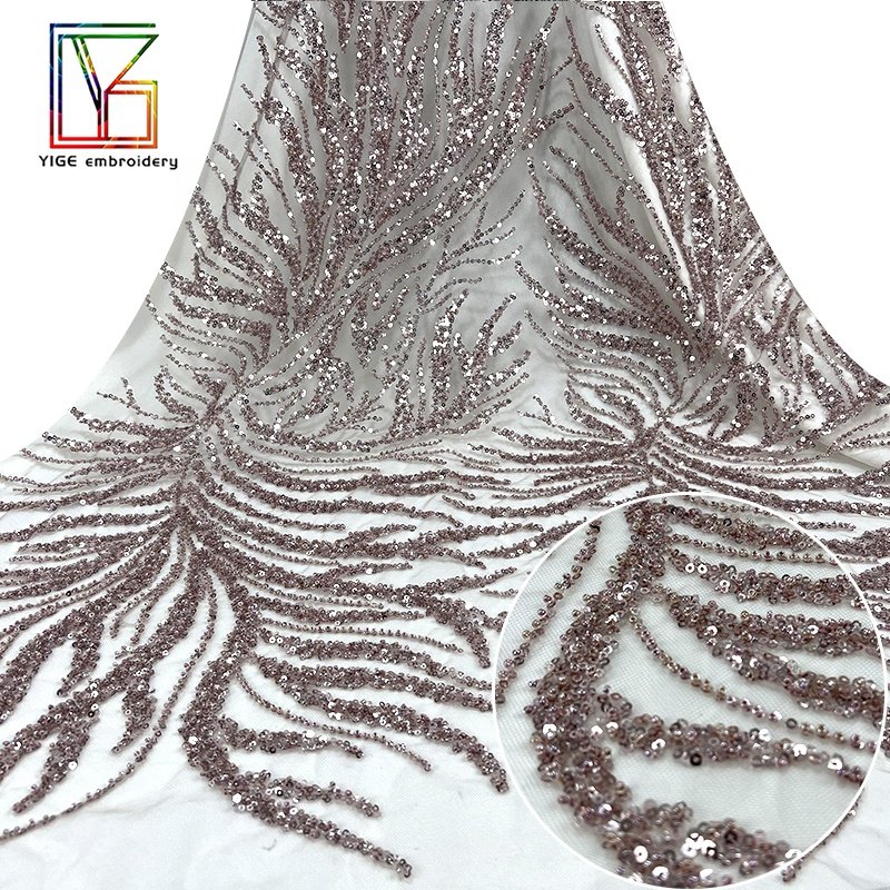 2022New style 100% polyester heavy beaded fancy embroidery bridal couture With Sequins tulle evening dresses Lace Fabric