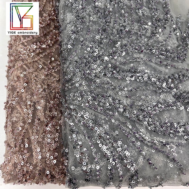 2022New style 100% polyester heavy beaded fancy embroidery bridal couture With Sequins tulle evening dresses Lace Fabric