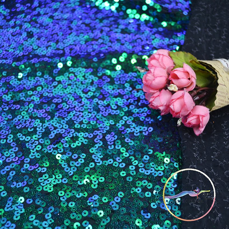 2025 New Polyester Stretch Knit Sequins Peacock Blue Embroidery Fabric For Dancewear Dress,Costume Cloth,Decoration,Width:130cm