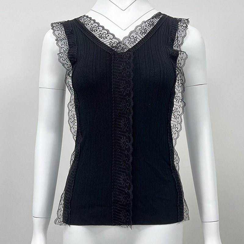 wholesale custom logo black summer corset crop sleeveless slim fit polyester Sexy V-neck knitted lace women tank top vest