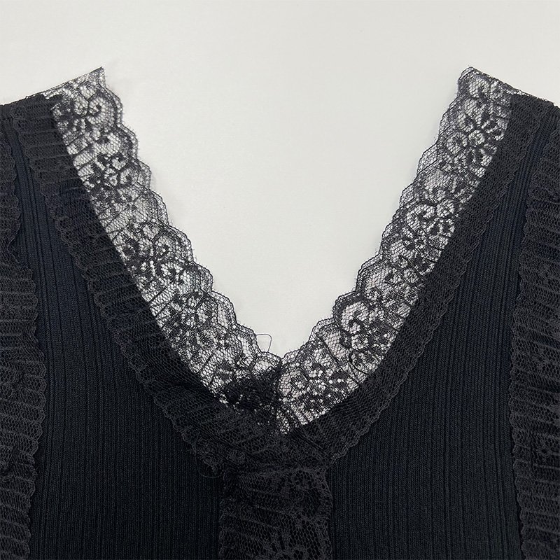 wholesale custom logo black summer corset crop sleeveless slim fit polyester Sexy V-neck knitted lace women tank top vest