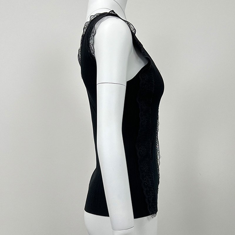 wholesale custom logo black summer corset crop sleeveless slim fit polyester Sexy V-neck knitted lace women tank top vest