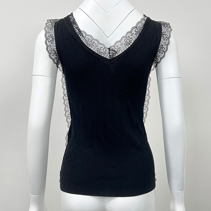 wholesale custom logo black summer corset crop sleeveless slim fit polyester Sexy V-neck knitted lace women tank top vest