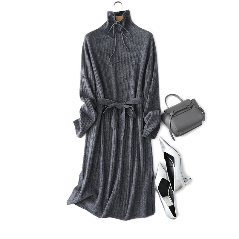 Women Fashion Elegant Turtle Neck Rib Knit Long Cashmere Sweater Dress