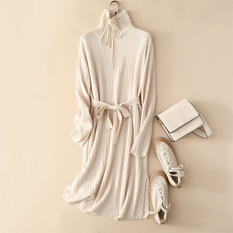 Women Fashion Elegant Turtle Neck Rib Knit Long Cashmere Sweater Dress