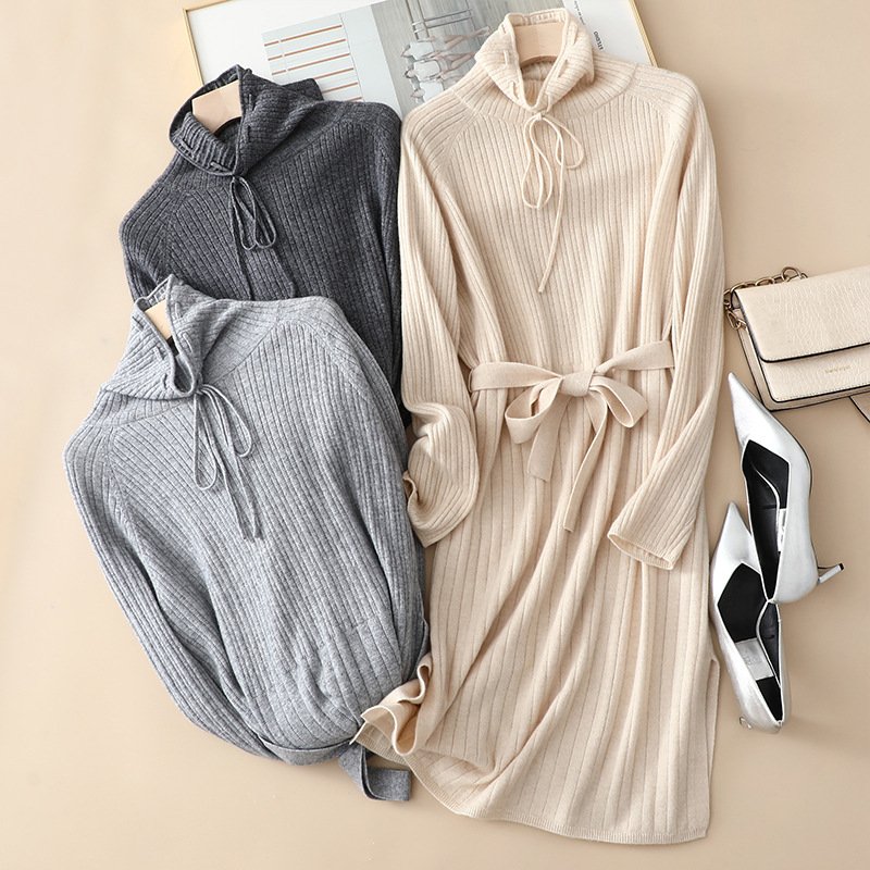 Women Fashion Elegant Turtle Neck Rib Knit Long Cashmere Sweater Dress