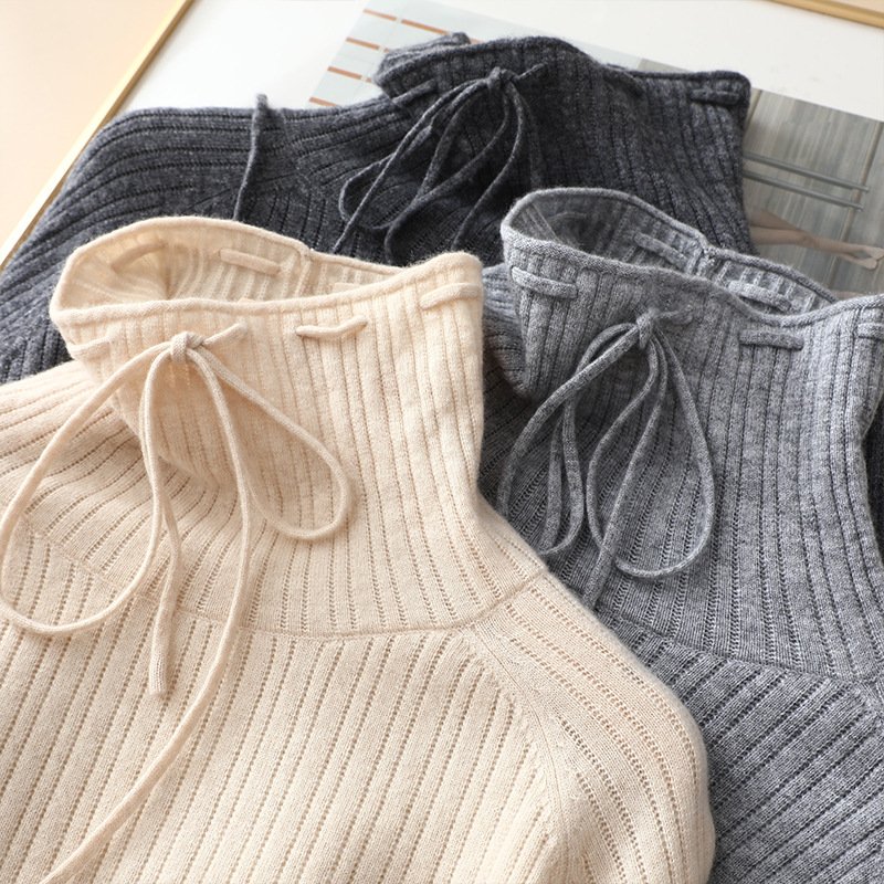 Women Fashion Elegant Turtle Neck Rib Knit Long Cashmere Sweater Dress