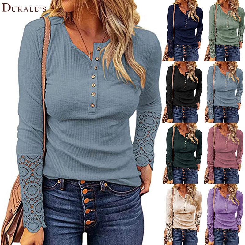 Button Slim Tunic Tops Womens Lace Long Sleeve T Shirts Plain Elegant Slim Fit Tops Stretchy Crew Neck Ribbed Knit Shirts Blouse