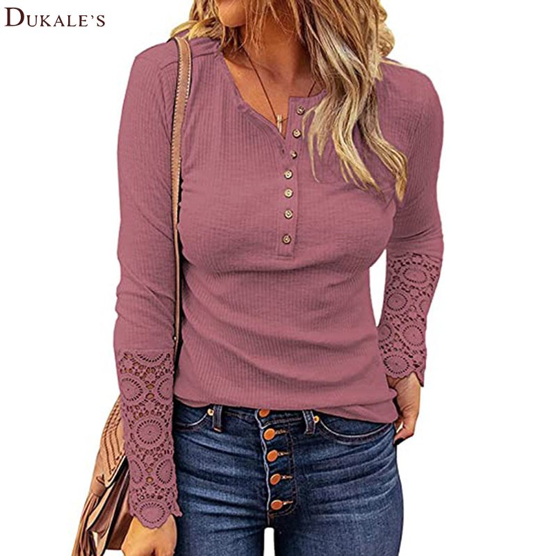 Button Slim Tunic Tops Womens Lace Long Sleeve T Shirts Plain Elegant Slim Fit Tops Stretchy Crew Neck Ribbed Knit Shirts Blouse