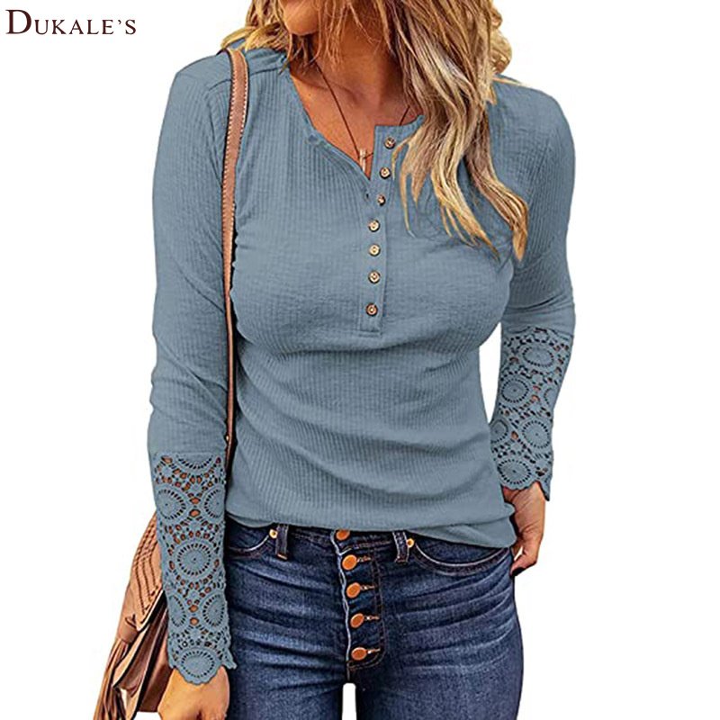 Button Slim Tunic Tops Womens Lace Long Sleeve T Shirts Plain Elegant Slim Fit Tops Stretchy Crew Neck Ribbed Knit Shirts Blouse
