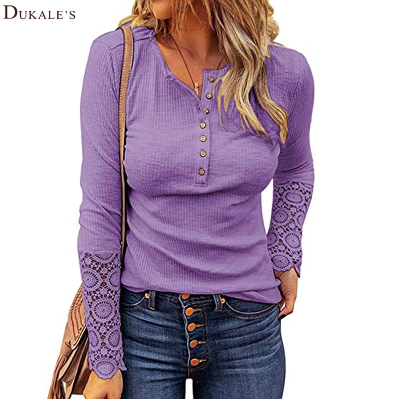 Button Slim Tunic Tops Womens Lace Long Sleeve T Shirts Plain Elegant Slim Fit Tops Stretchy Crew Neck Ribbed Knit Shirts Blouse