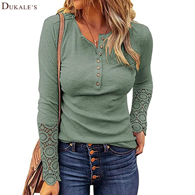Button Slim Tunic Tops Womens Lace Long Sleeve T Shirts Plain Elegant Slim Fit Tops Stretchy Crew Neck Ribbed Knit Shirts Blouse