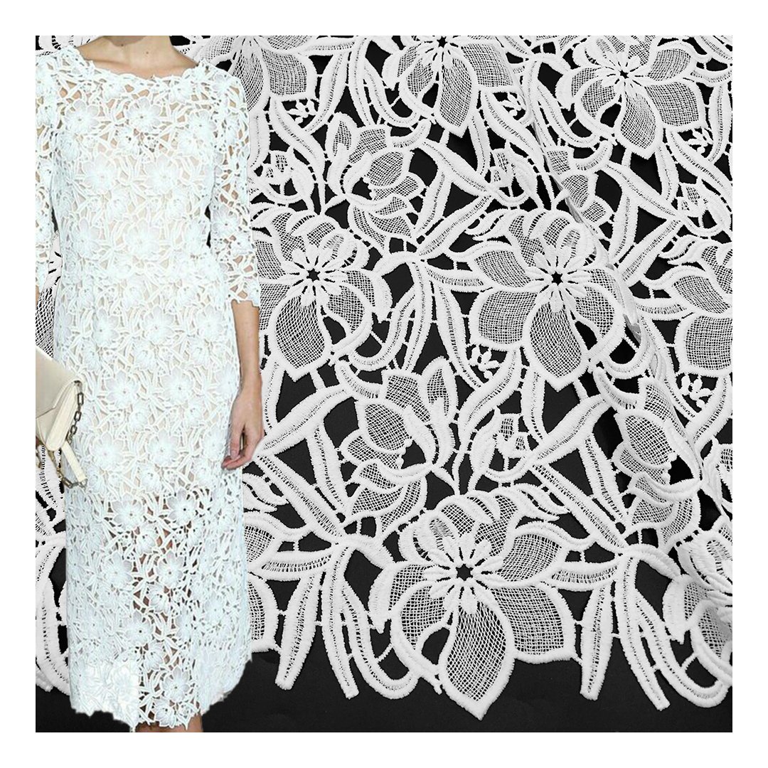 Hot Sale Ivory Floral Guipure Lace Fabric Chemical Embroidery Fabric for Women Dress SS211109-EMB09