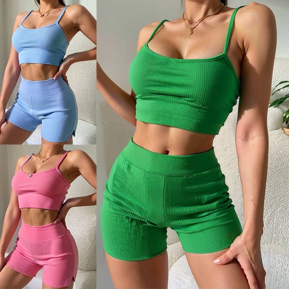 Custom Hot Sale Spring Summer Women Knit Set yoga two-piece sexy top and shorts sets