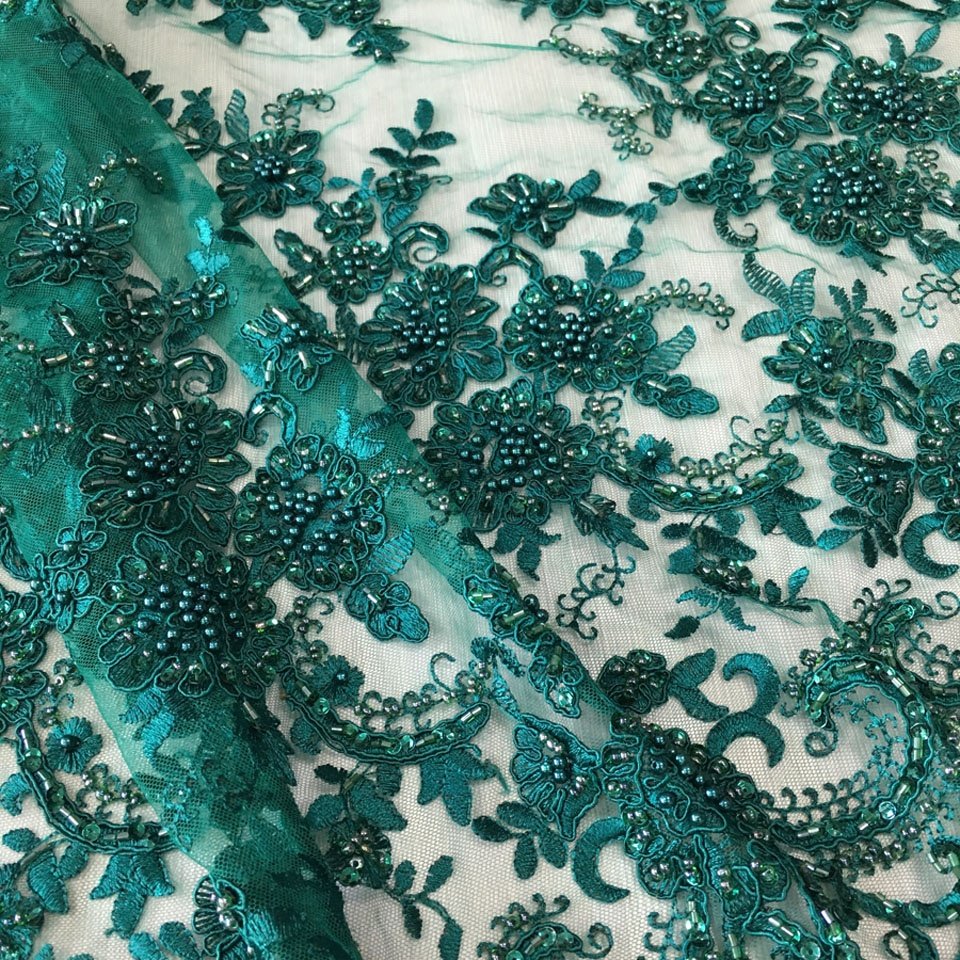 high quality green lace fabric heavy handmade sequin beaded embroidered tulle lace fabric for party dress or bridal
