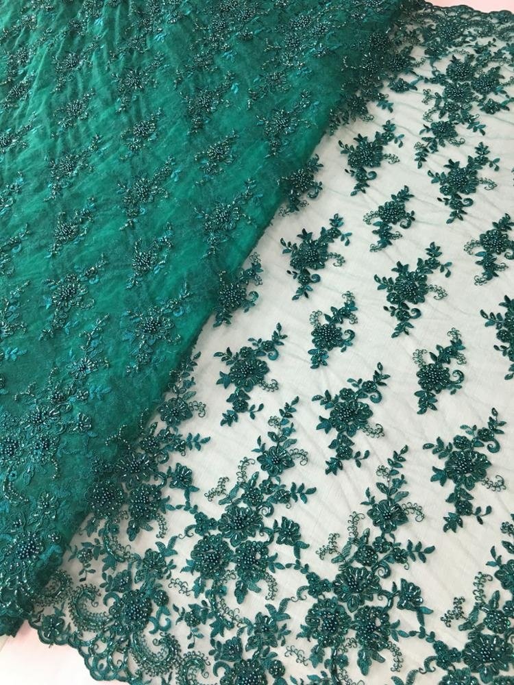 high quality green lace fabric heavy handmade sequin beaded embroidered tulle lace fabric for party dress or bridal