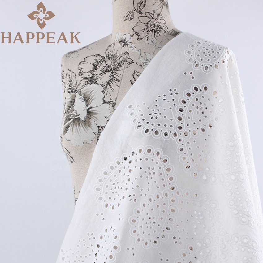 HAPPEAK Low MOQ Embroidery Fabric Cotton Elegant Eyelet Cotton Embroidered Fabric For Wedding Dress