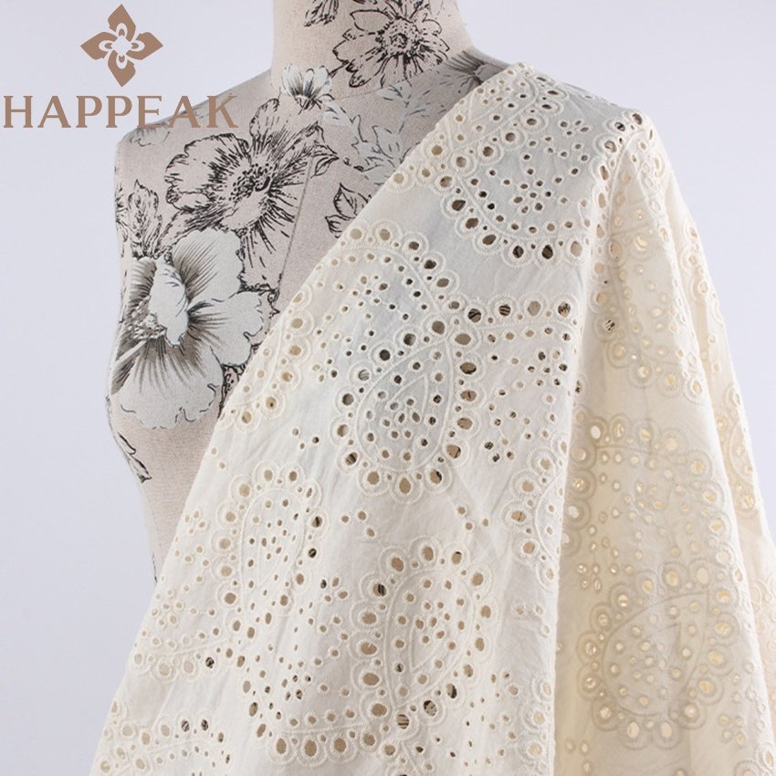 HAPPEAK Low MOQ Embroidery Fabric Cotton Elegant Eyelet Cotton Embroidered Fabric For Wedding Dress