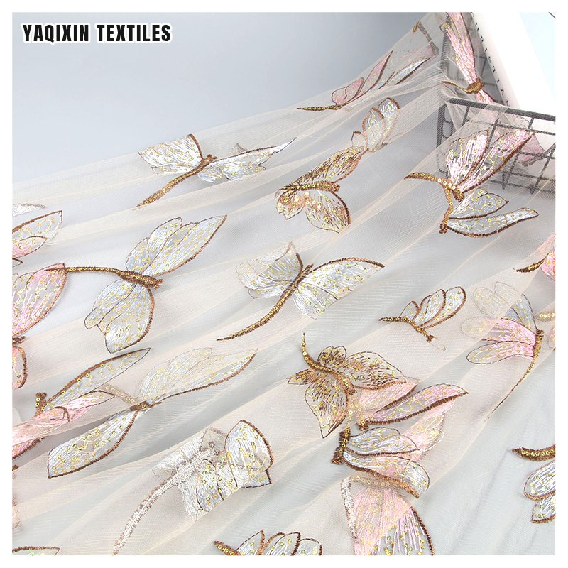 Beautiful Dragonfly Pattern Sequin Tulle Embroidery Fabric Dress 100% Polyester Mesh Sequins French Lace Fabric