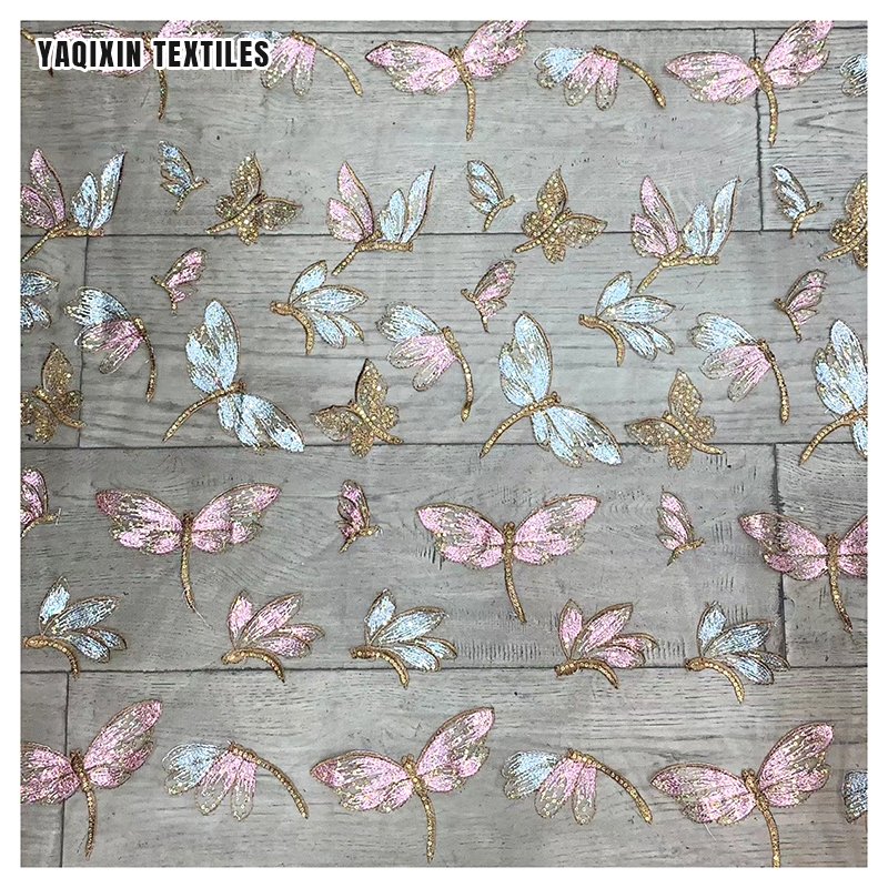 Beautiful Dragonfly Pattern Sequin Tulle Embroidery Fabric Dress 100% Polyester Mesh Sequins French Lace Fabric
