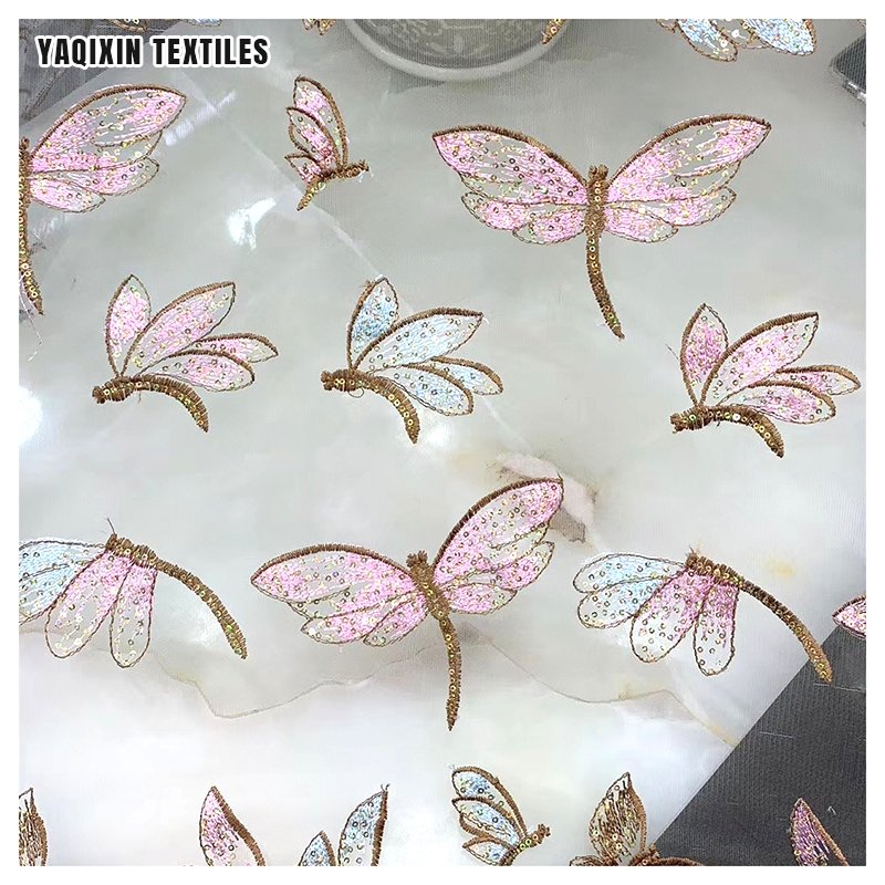 Beautiful Dragonfly Pattern Sequin Tulle Embroidery Fabric Dress 100% Polyester Mesh Sequins French Lace Fabric