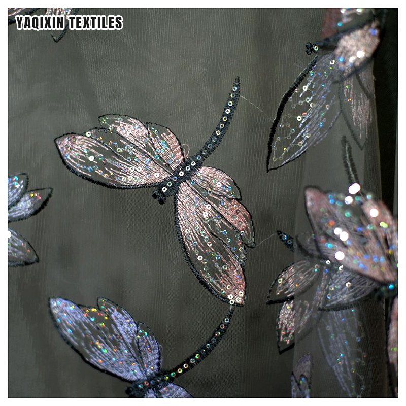 Beautiful Dragonfly Pattern Sequin Tulle Embroidery Fabric Dress 100% Polyester Mesh Sequins French Lace Fabric