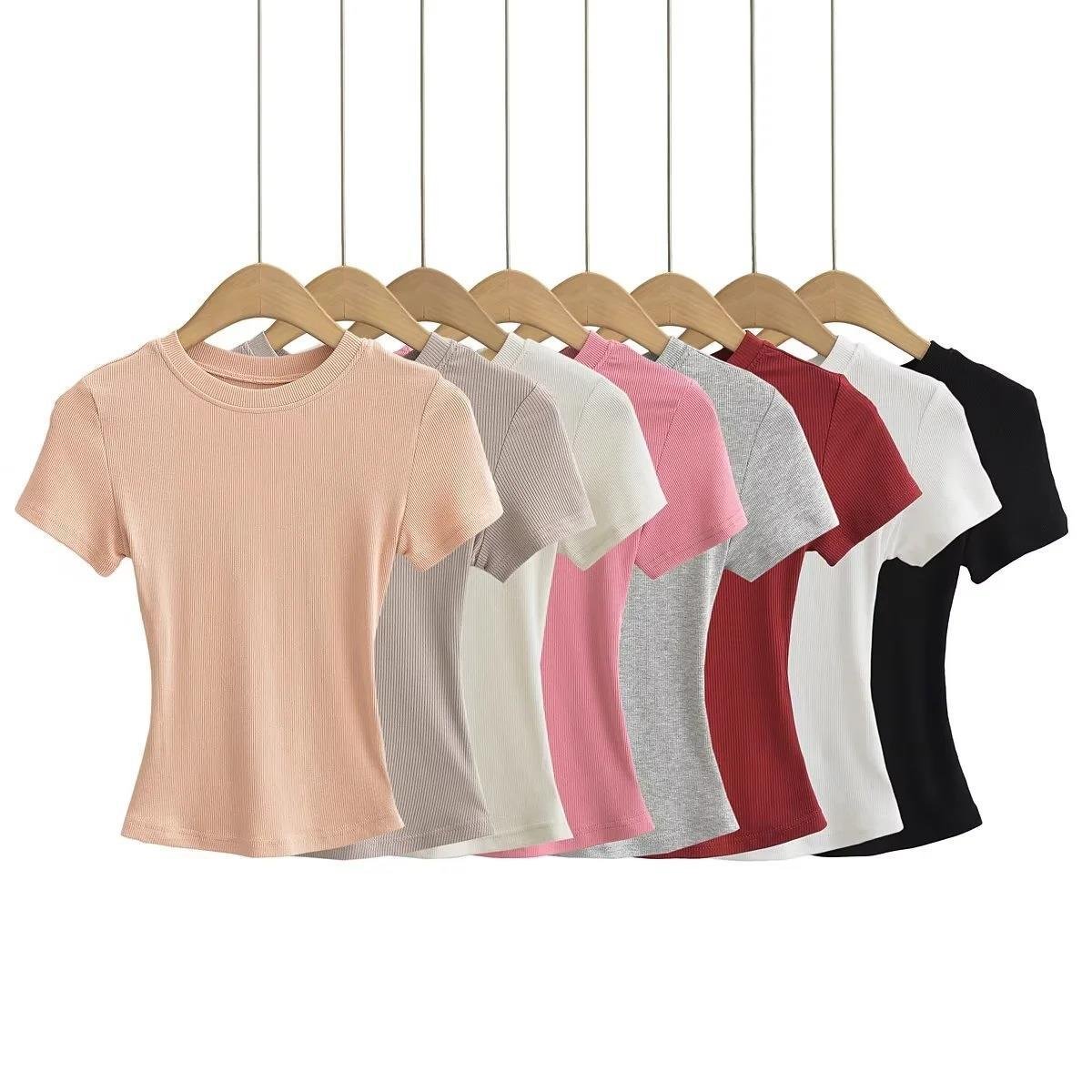 High Quality Custom Cotton T-shirt for Lady's Woman Women's Sexy Round Neck with Skims Solid Basic Rib Tops white black blank