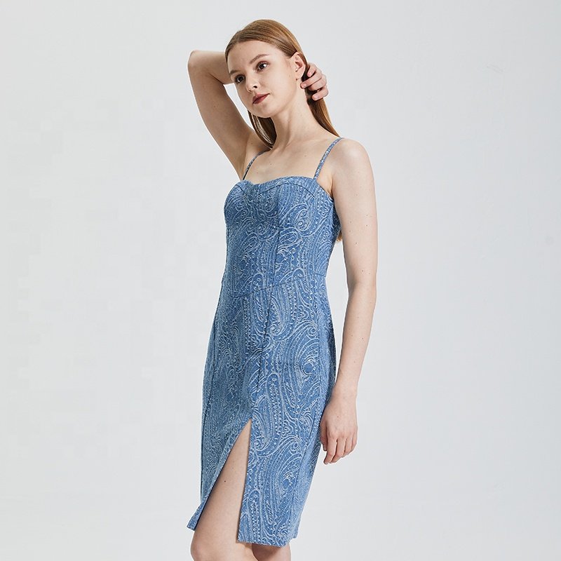 2024 Summer Women Vintage Fashion Print Slit Ribbed Dress Slim Fit Temperament Elegant Midi Dresses