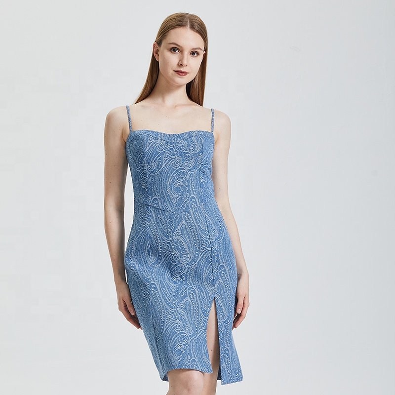 2024 Summer Women Vintage Fashion Print Slit Ribbed Dress Slim Fit Temperament Elegant Midi Dresses