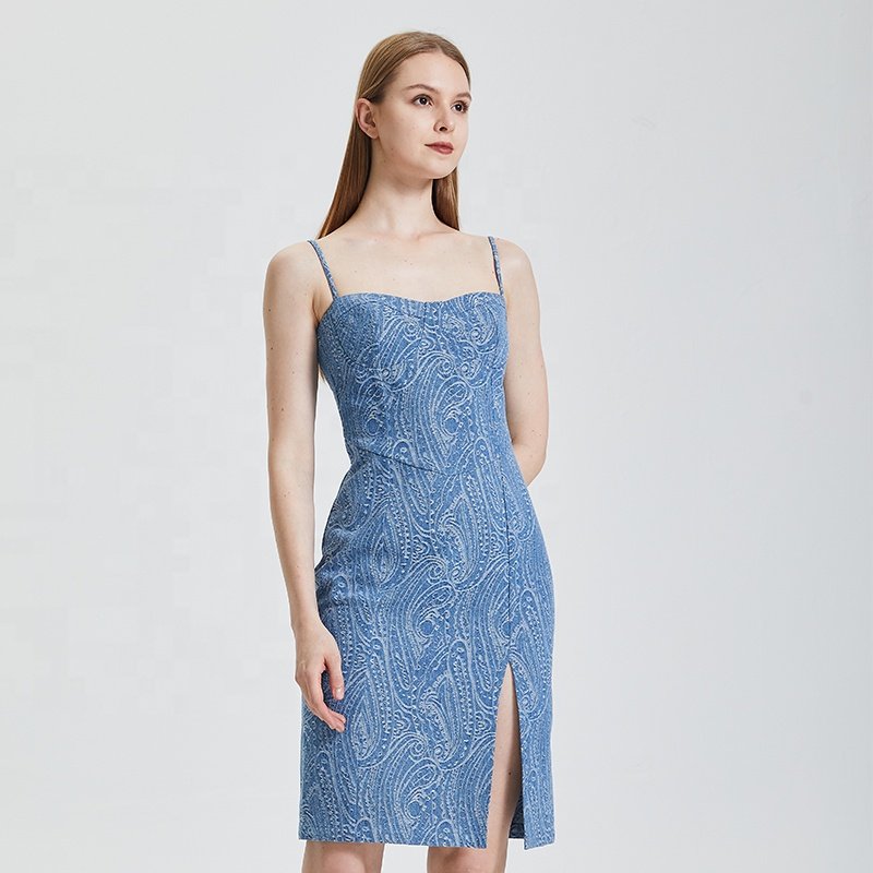 2024 Summer Women Vintage Fashion Print Slit Ribbed Dress Slim Fit Temperament Elegant Midi Dresses