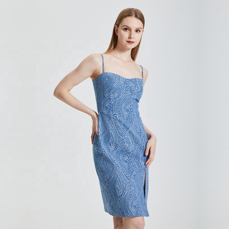 2024 Summer Women Vintage Fashion Print Slit Ribbed Dress Slim Fit Temperament Elegant Midi Dresses