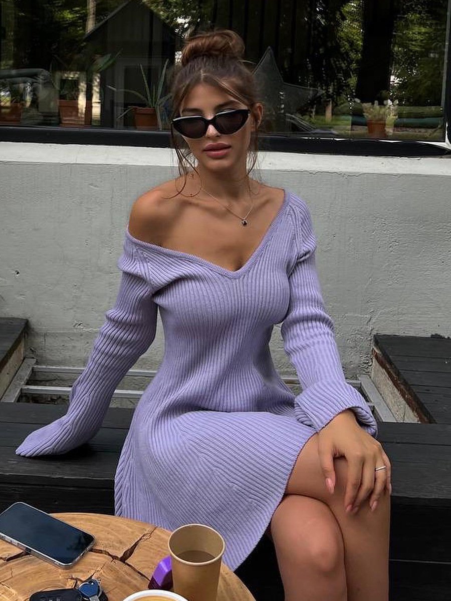 New Arrival Ins Y2k Style Women Sexy Deep V Neck Long Sleeve Ribbed Knit Casual Dresses Knitted Thick Mini Evening Dress