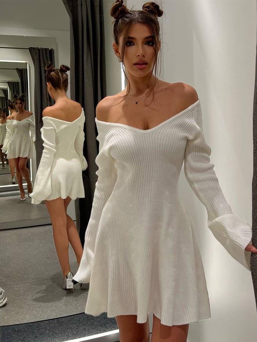 New Arrival Ins Y2k Style Women Sexy Deep V Neck Long Sleeve Ribbed Knit Casual Dresses Knitted Thick Mini Evening Dress