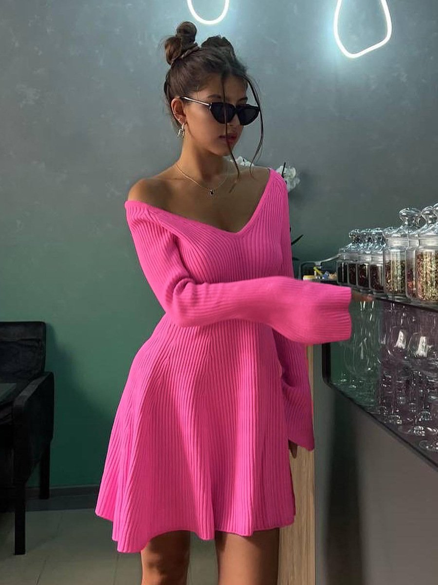 New Arrival Ins Y2k Style Women Sexy Deep V Neck Long Sleeve Ribbed Knit Casual Dresses Knitted Thick Mini Evening Dress