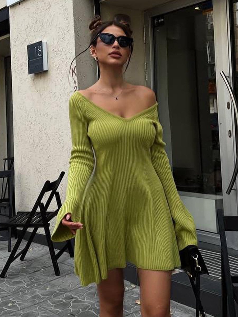 New Arrival Ins Y2k Style Women Sexy Deep V Neck Long Sleeve Ribbed Knit Casual Dresses Knitted Thick Mini Evening Dress
