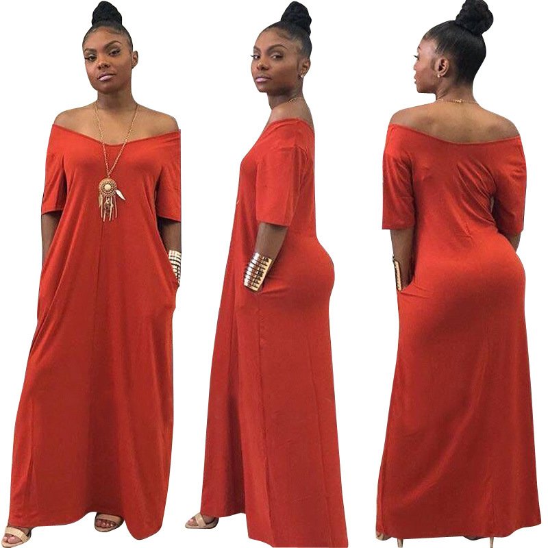 D8199 Ladies sundresses Solid color off shoulder Rib Knit Women's clothing women Maxi dress
