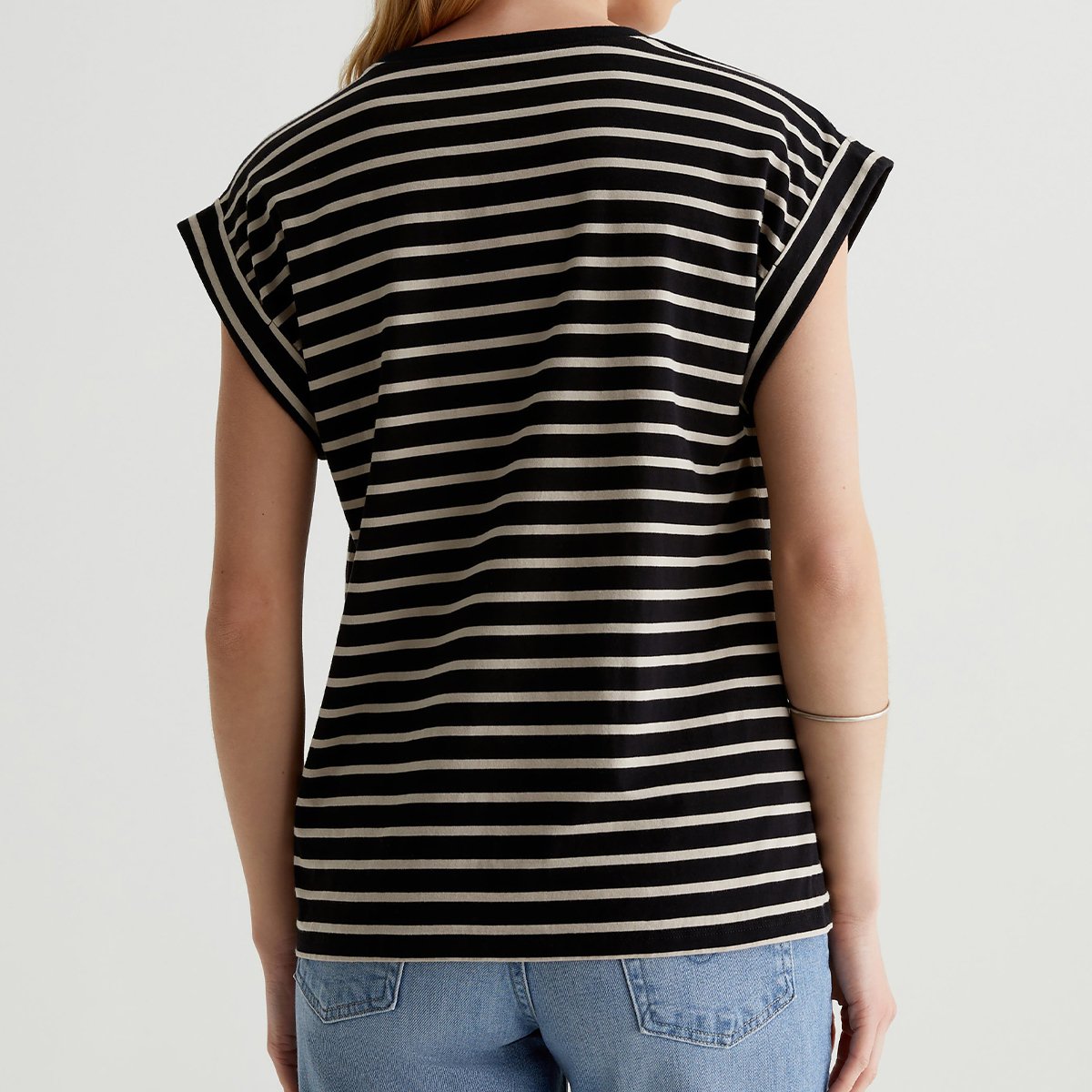OEM/ODM Custom Black with Beige Stripes Women's Relaxed Fit Striped T-Shirt - Crew Neck, Rolled-Up Sleeves, Stretch-Blend Jersey