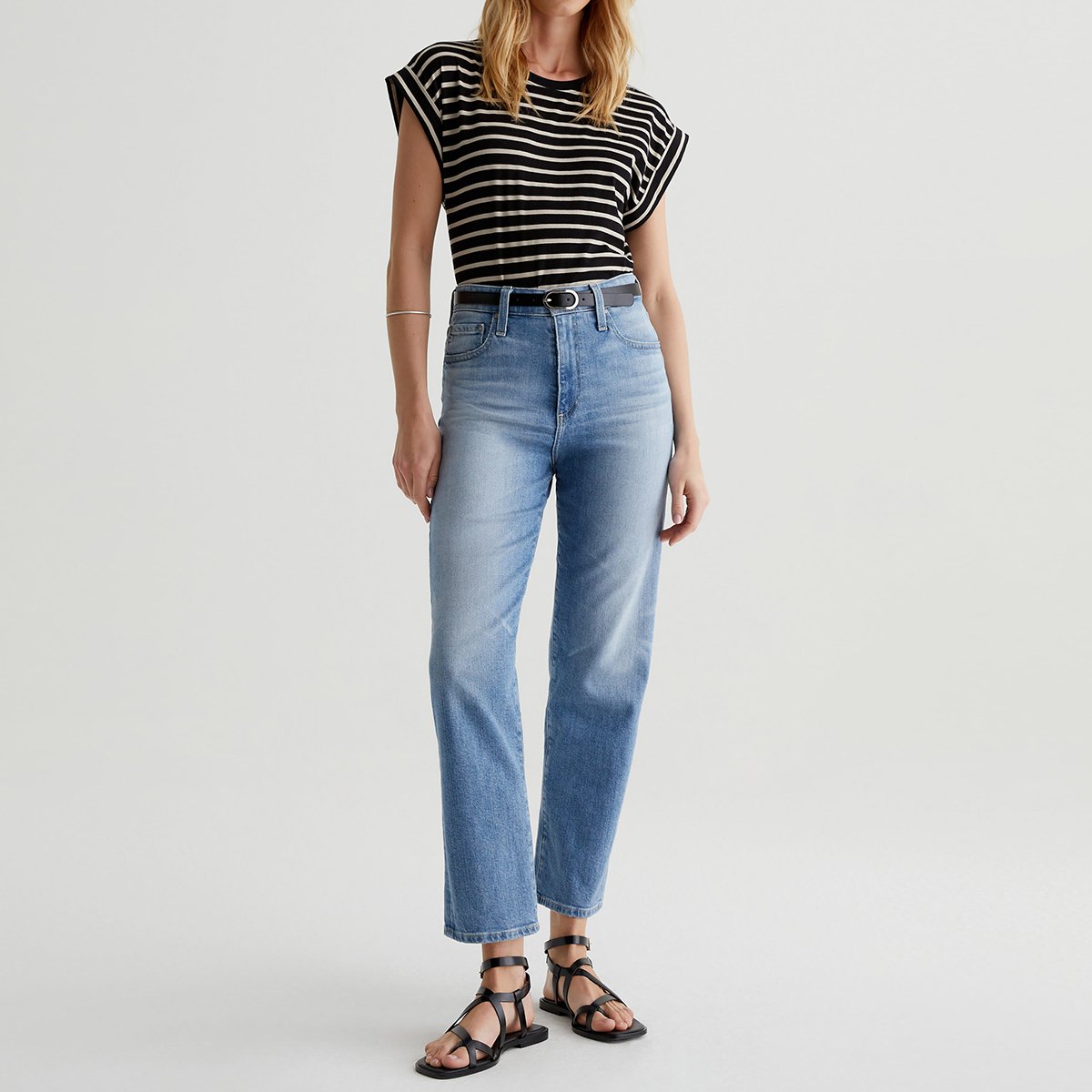 OEM/ODM Custom Black with Beige Stripes Women's Relaxed Fit Striped T-Shirt - Crew Neck, Rolled-Up Sleeves, Stretch-Blend Jersey