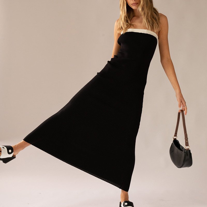 Custom Rib Dresses Strapless Ladies Straight Dress Skinny Back Slim Knitted Long Dress