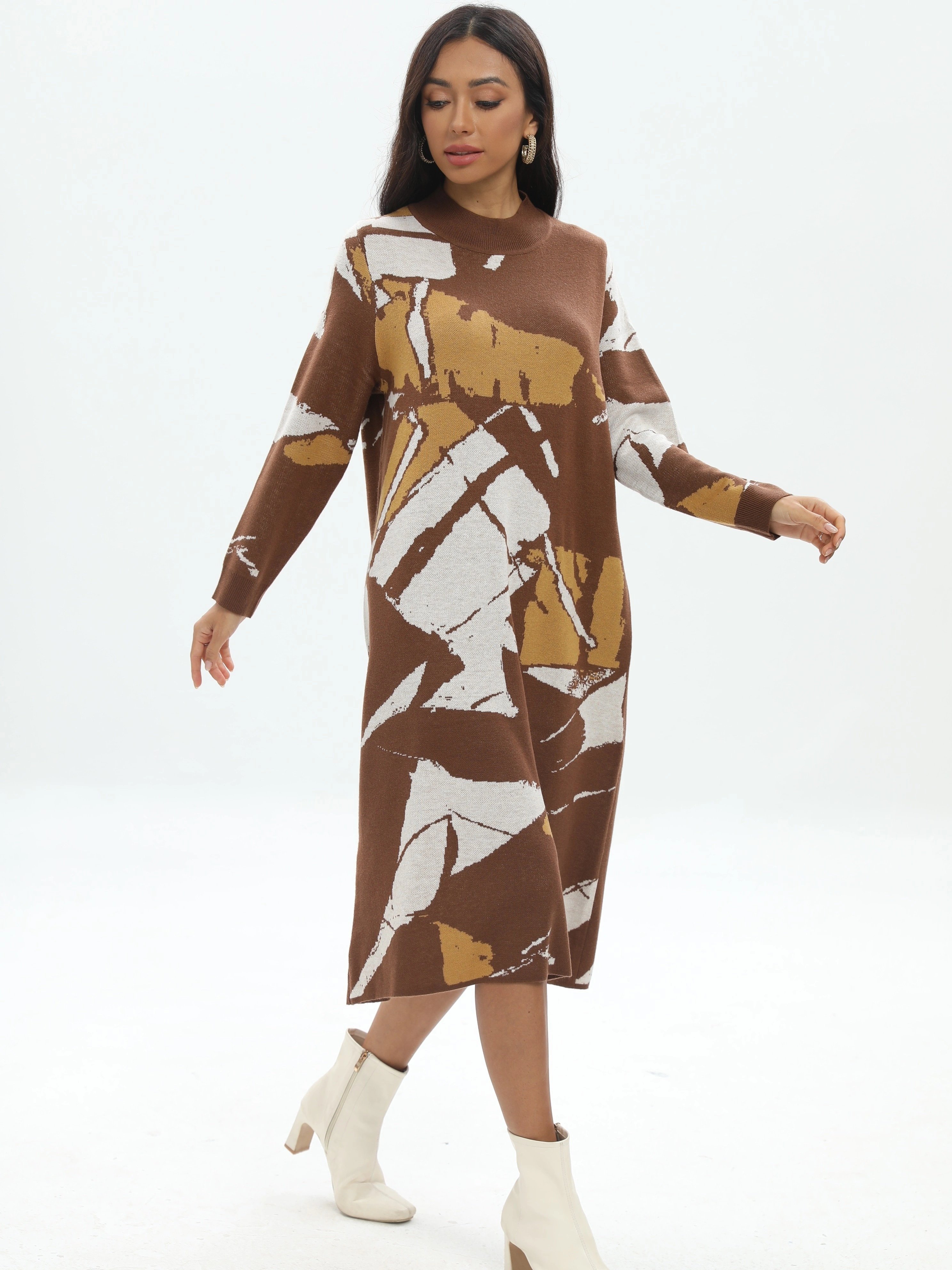 Customized Professional Patterned Wool Sweater Dress Long Sleeve Knit With Wrap Detail For Women