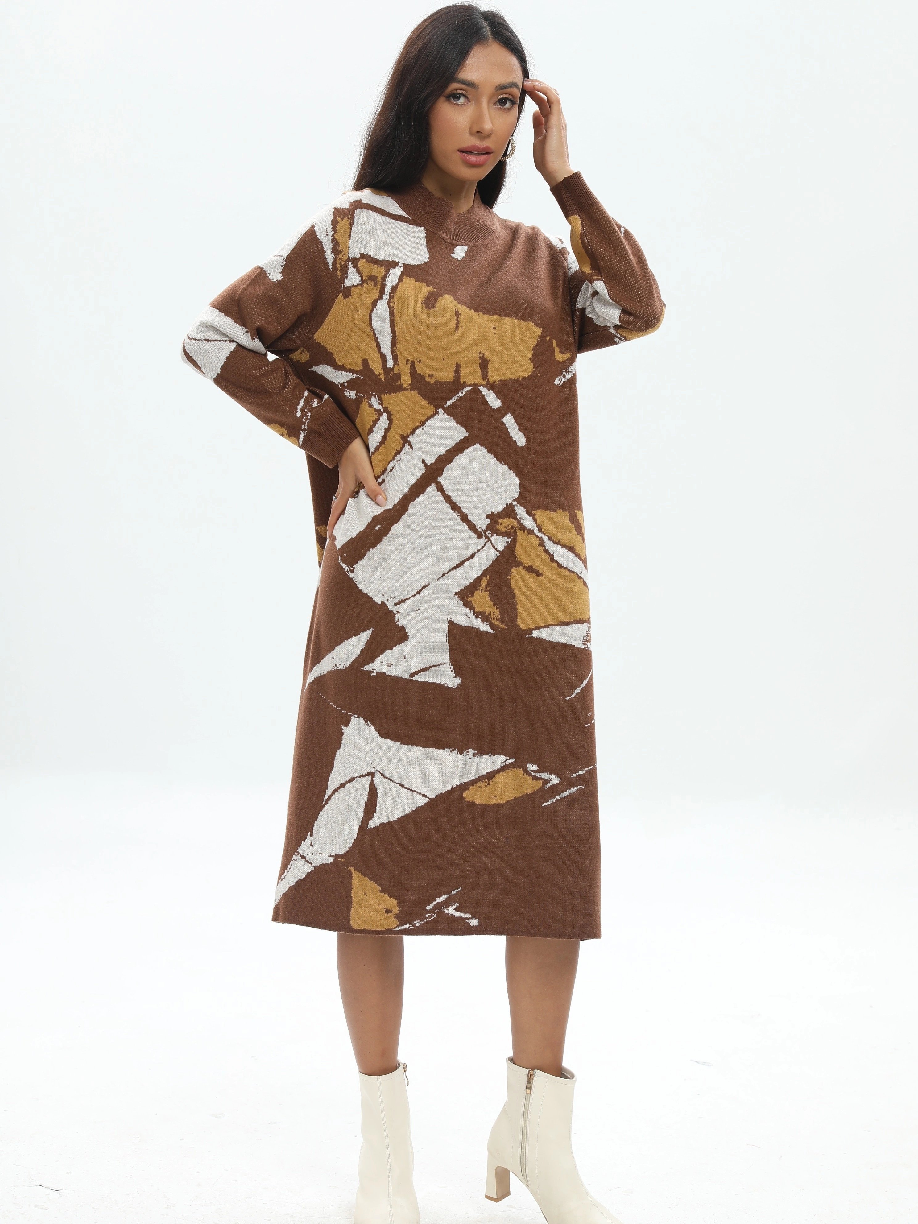 Customized Professional Patterned Wool Sweater Dress Long Sleeve Knit With Wrap Detail For Women