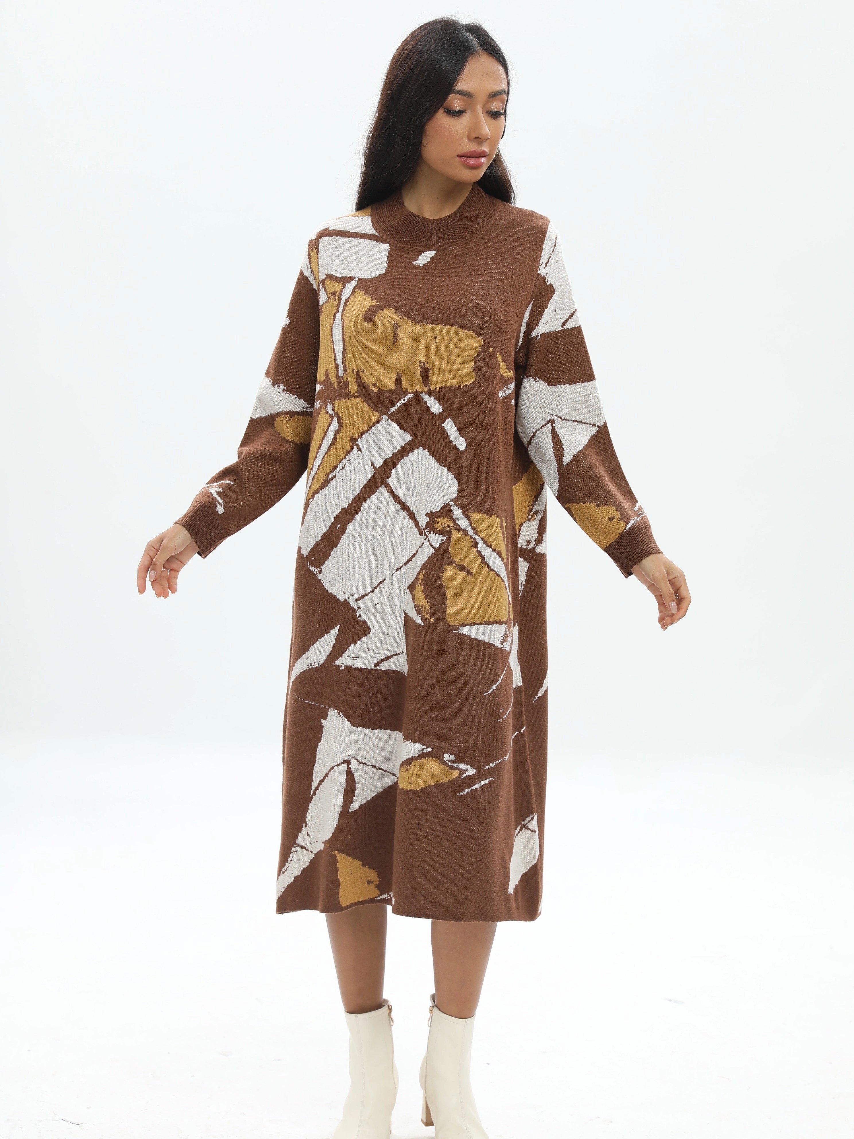 Customized Professional Patterned Wool Sweater Dress Long Sleeve Knit With Wrap Detail For Women