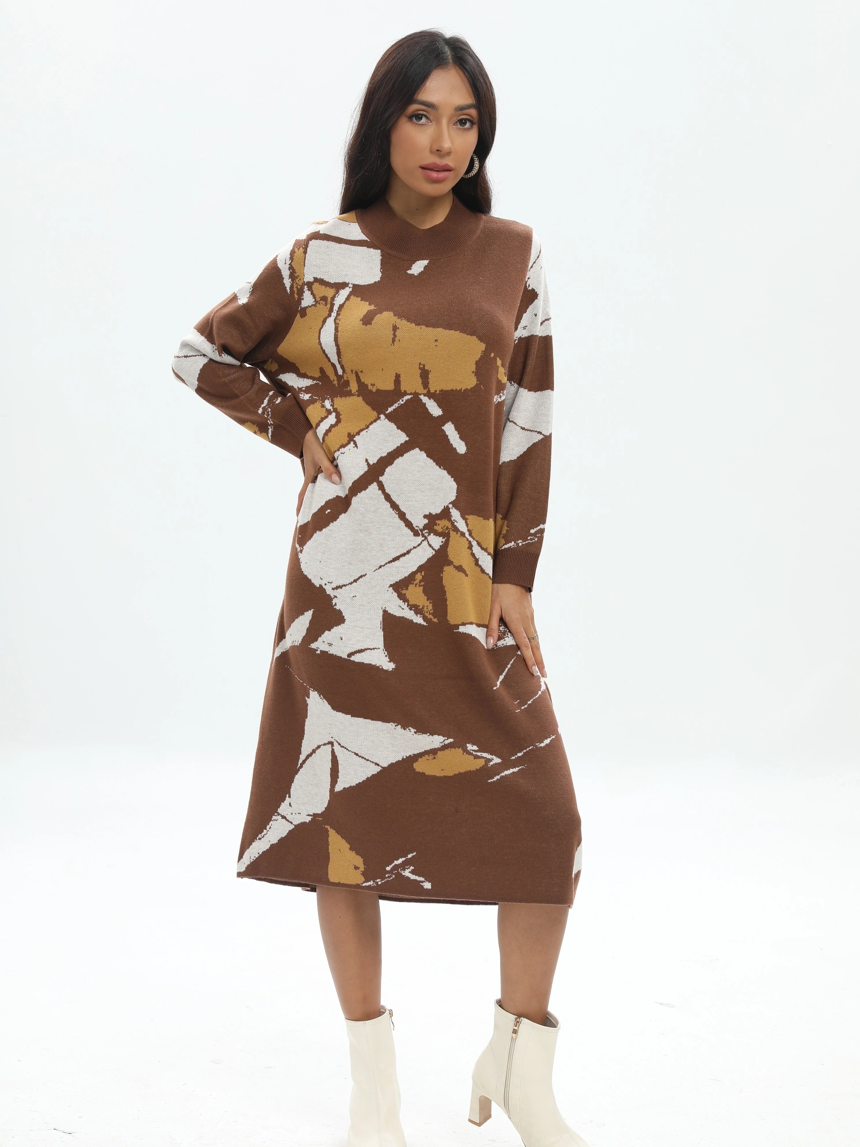 Customized Professional Patterned Wool Sweater Dress Long Sleeve Knit With Wrap Detail For Women