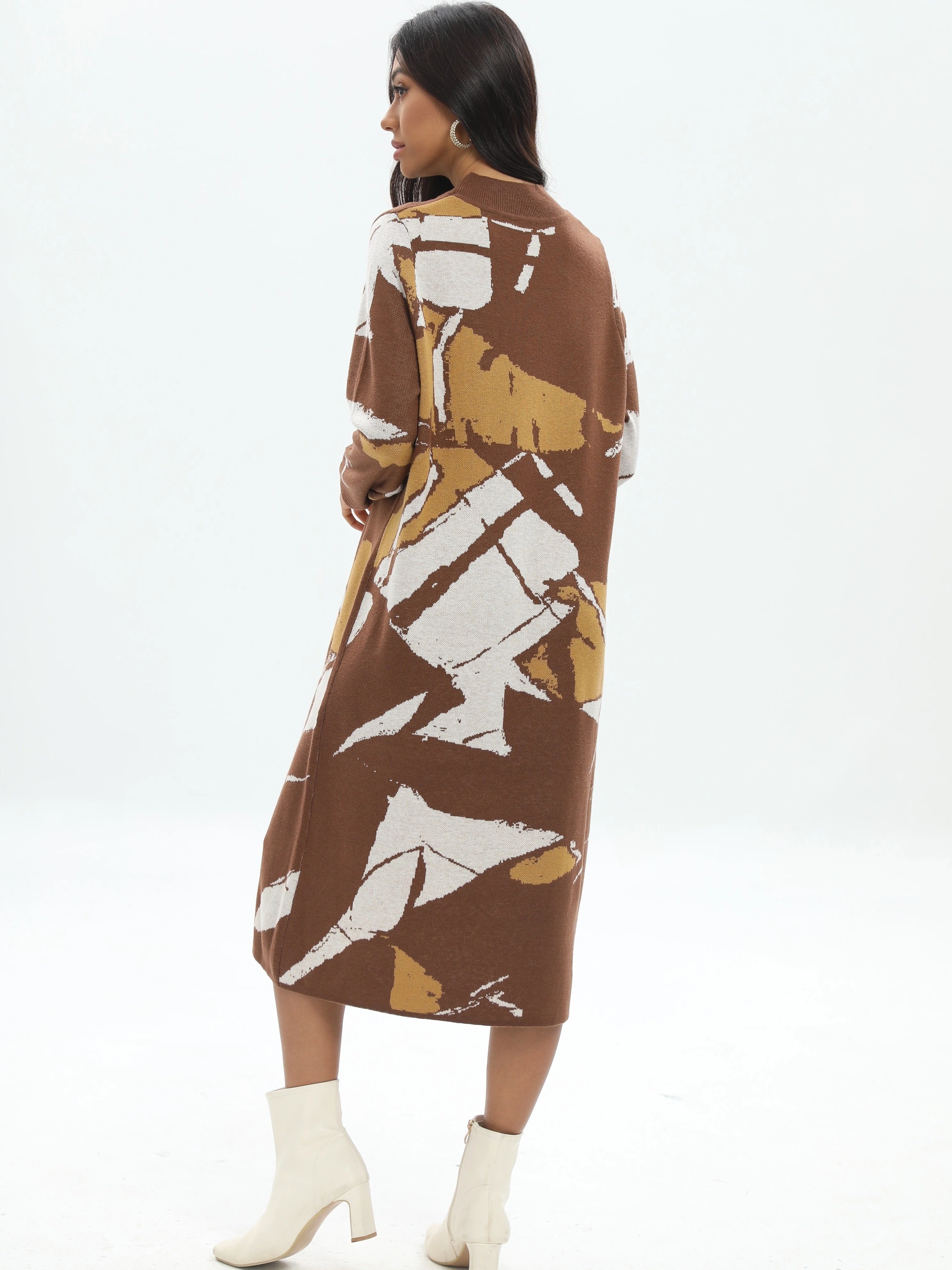Customized Professional Patterned Wool Sweater Dress Long Sleeve Knit With Wrap Detail For Women