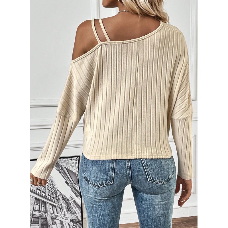 Dear-Lover Wholesale Trendy Fashion Asymmetrical Neck Cold Shoulder Twisted Blouses Elegant Women Knit Ribbed Top