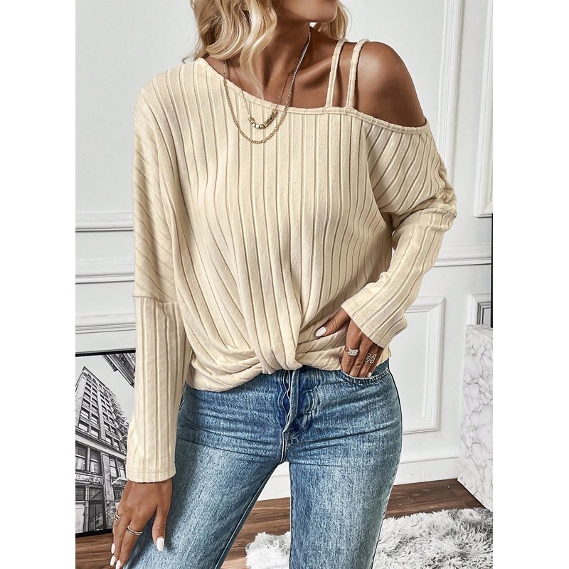 Dear-Lover Wholesale Trendy Fashion Asymmetrical Neck Cold Shoulder Twisted Blouses Elegant Women Knit Ribbed Top
