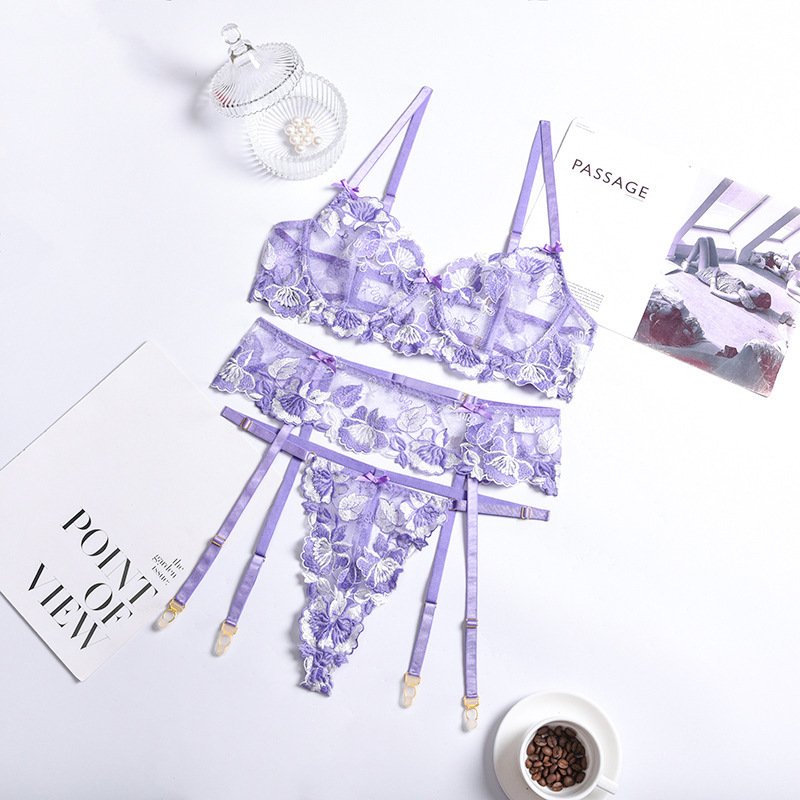 Hot-selling lingerie sexy purple lace garter belt three-piece women sexy lingerie