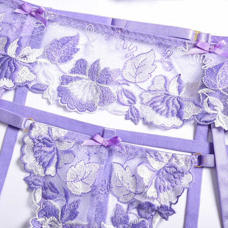 Hot-selling lingerie sexy purple lace garter belt three-piece women sexy lingerie